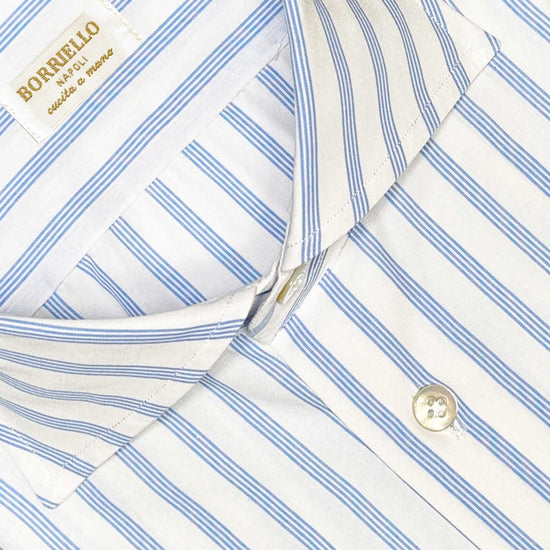 Sky blue classic striped shirt, handmade by Borriello Napoli exclusive for Wools Boutique Uomo with a refined yarn-dyed fabric in 100% popeline cotton, easy to match with many classic ties and jackets, timeless shirt for the office and for more formal occasions.