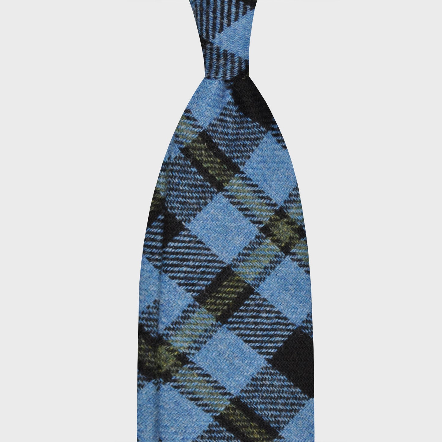 Sky Blue Tweed Tie Classic Plaid Checks. Refined tweed tie, made wool texture to the touch bristly feeling, unlined checked wool tie handmade in Italy by F.Marino Napoli exclusive for Wools Boutique Uomo, sky blue and loden green checks pattern
