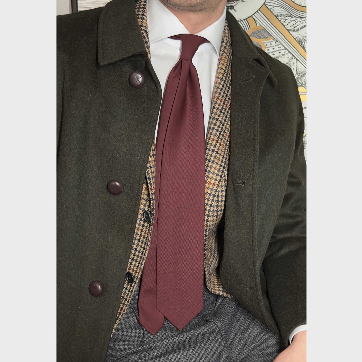 F.Marino Plain Tie 3 Folds Holland&Sherry Wool Burgundy Red