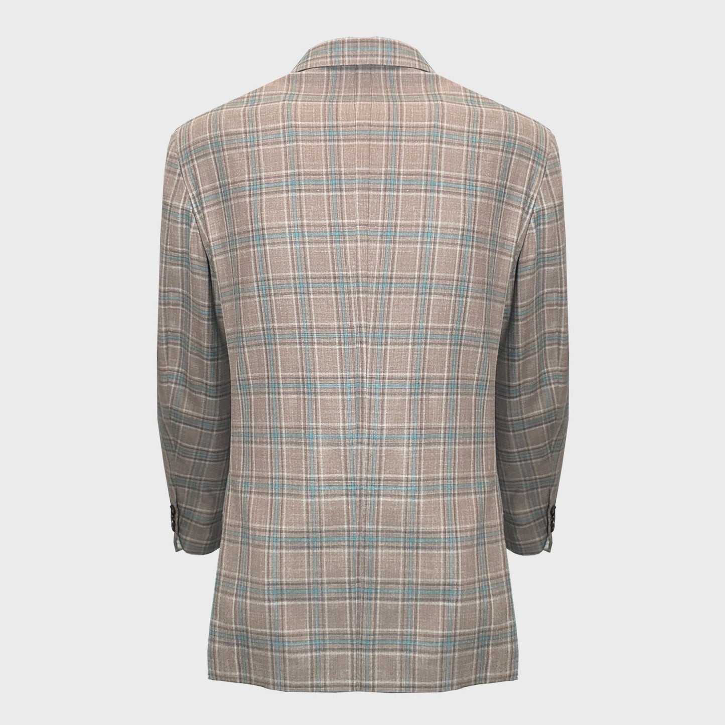 This Caruso men's tailored jacket crafted in Italy for Wools Boutique Uomo, vintage charm with a stonewall background color with a elegant turquoise and coffee brown windowpane pattern. Unlined for a relaxed feel, it effortlessly complements both formal office outfit with tie and leisurely.