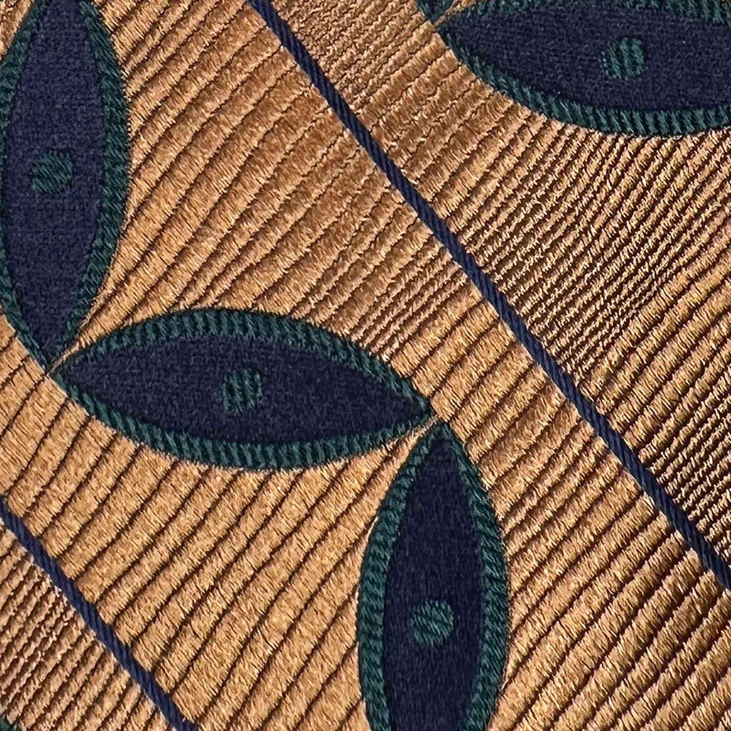 Details Yellow Gold Silk Tie Deco Striped Leaves Pattern Navy Green.