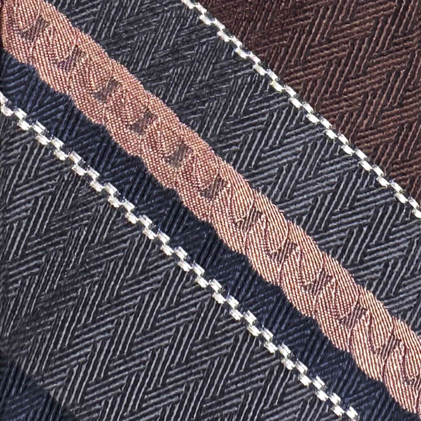 textured silk regimental tie coffee brown smoke grey fabric detail