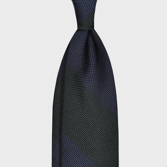 Load image into Gallery viewer, Green Regimental Grenadine Silk Tie Wide Striped. Wide striped silk tie, made with refined grenadine silk, hand made tie F.Marino Napoli exclusive for Wools Boutique Uomo, hand rolled edge, 3 folds unlined, striped pine green and navy blue
