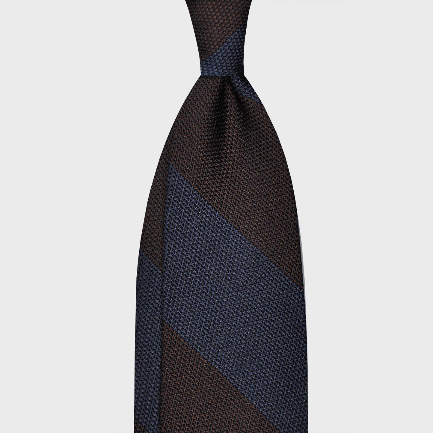 Load image into Gallery viewer, Brown Regimental Grenadine Silk Tie Wide Striped. Wide striped silk tie, made with refined grenadine silk, hand made tie F.Marino Napoli exclusive for Wools Boutique Uomo, hand rolled edge, 3 folds unlined, striped coffee brown and navy blue
