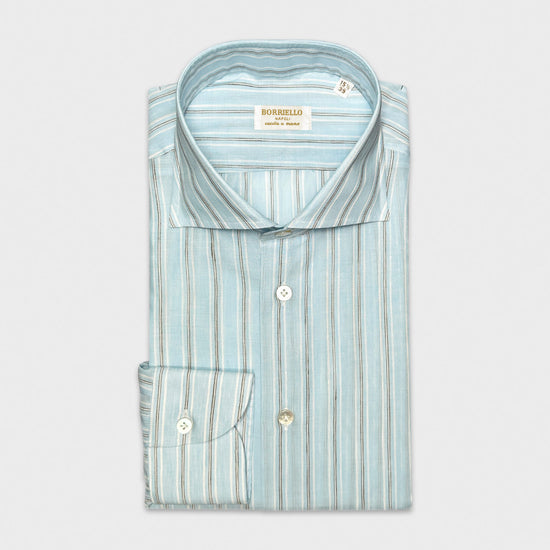 Striped Shirt Muslin Cotton Edgewater. Neutral color edgewater striped shirt men, handmade Borriello Napoli shirt exclusive for Wools Boutique Uomo, light muslin cotton, easy to match with many classic ties and jackets, a refined alternative to the white shirt.
