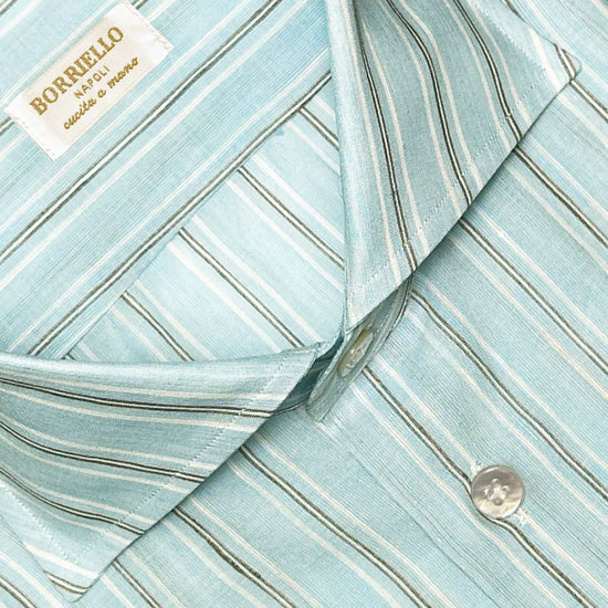 Load image into Gallery viewer, Neutral color edgewater striped shirt men, handmade Borriello Napoli shirt exclusive for Wools Boutique Uomo, light muslin cotton, easy to match with many classic ties and jackets, a refined alternative to the white shirt.
