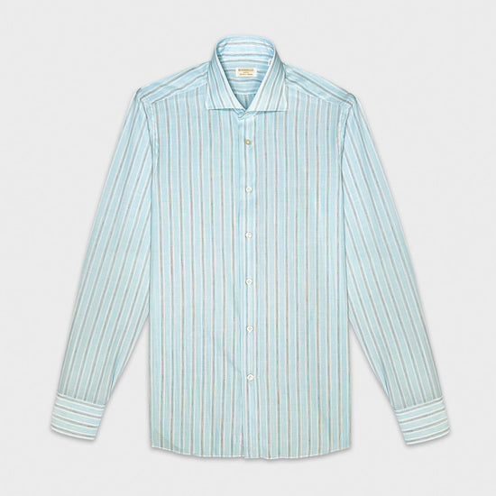 Neutral color edgewater striped shirt men, handmade Borriello Napoli shirt exclusive for Wools Boutique Uomo, light muslin cotton, easy to match with many classic ties and jackets, a refined alternative to the white shirt.
