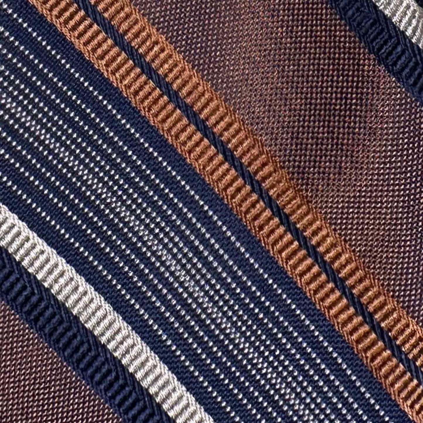 regimental silk tie caramel brown navy ivory stripe texture detail