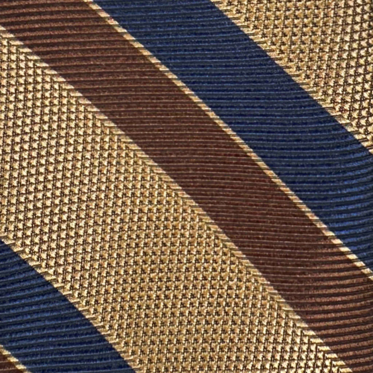 panama silk regimental stripe tie yellow gold navy brown texture detail