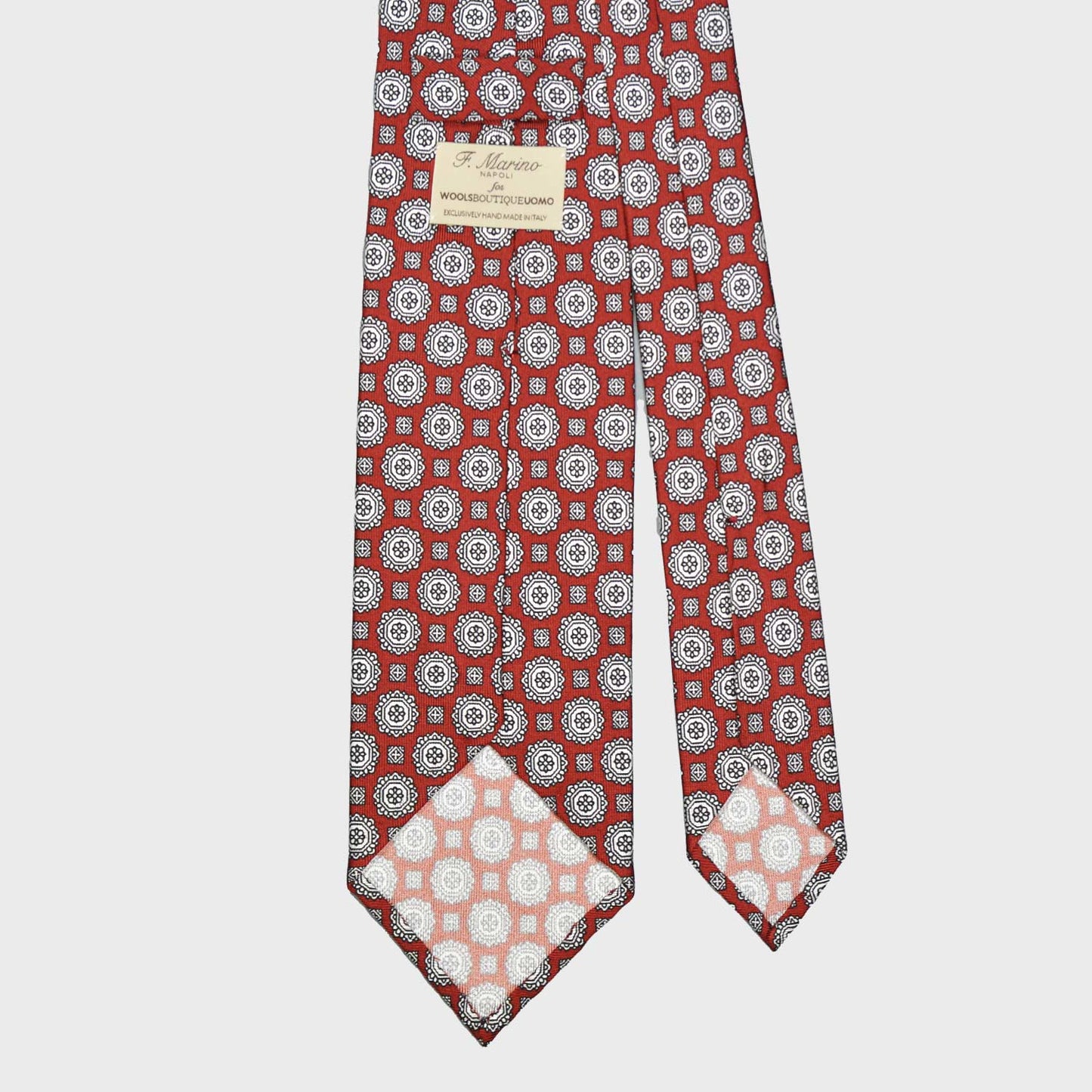 F.Marino Silk Tie 3 Folds Medallions Lobster Red-Wools Boutique Uomo