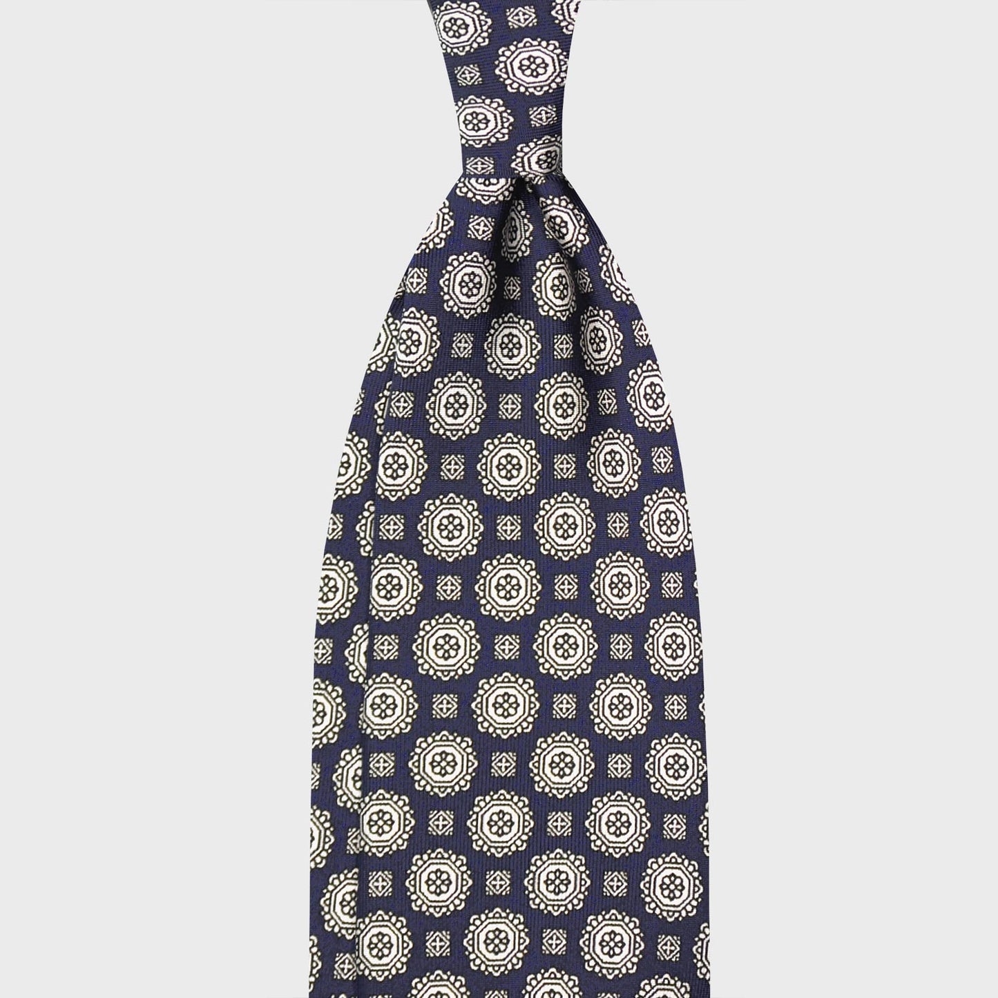 F.Marino Silk Tie 3 Folds Medallions Navy Blue-Wools Boutique Uomo