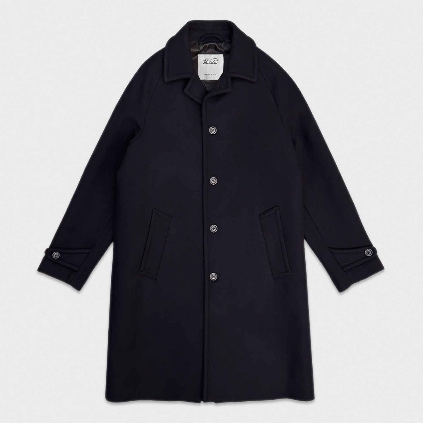 Navy Blue Raglan Sleeve Coat Virgin Wool Valstar. Valstar raglan sleeve coat blue color made with soft virgin wool, comfortable fit raglan sleeves, lined inside, soft and warm. Ideal for lovers of classic men's outerwear, an refined men's wool blend coat.