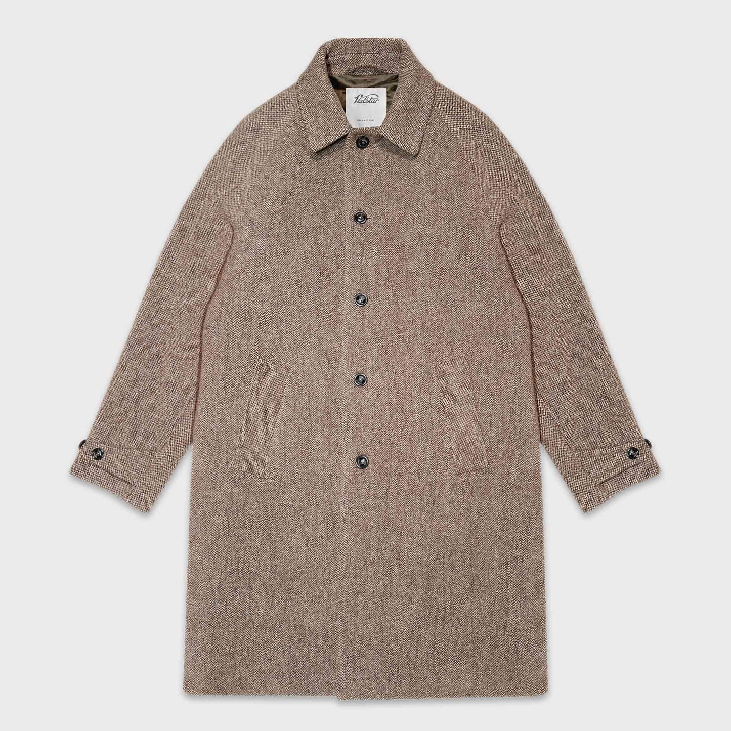 Valstar Overcoat Broken Twill Virgin Wool Tobacco Brown. Wool coat Valstar, refined pattern broken tobacco brown tones colors, comfortable fit ideal to wear up classic suit or in casual time, valstar wool coat geneva