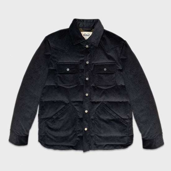 Navy Blue Corduroy Padded Overshirt Jacket Valstar. Upgrade your winter wardrobe with this corduroy padded overshirt made in Italy by Valstar. Stay warm and comfortable in this versatile overshirt perfect for layering or wearing as a standalone jacket 