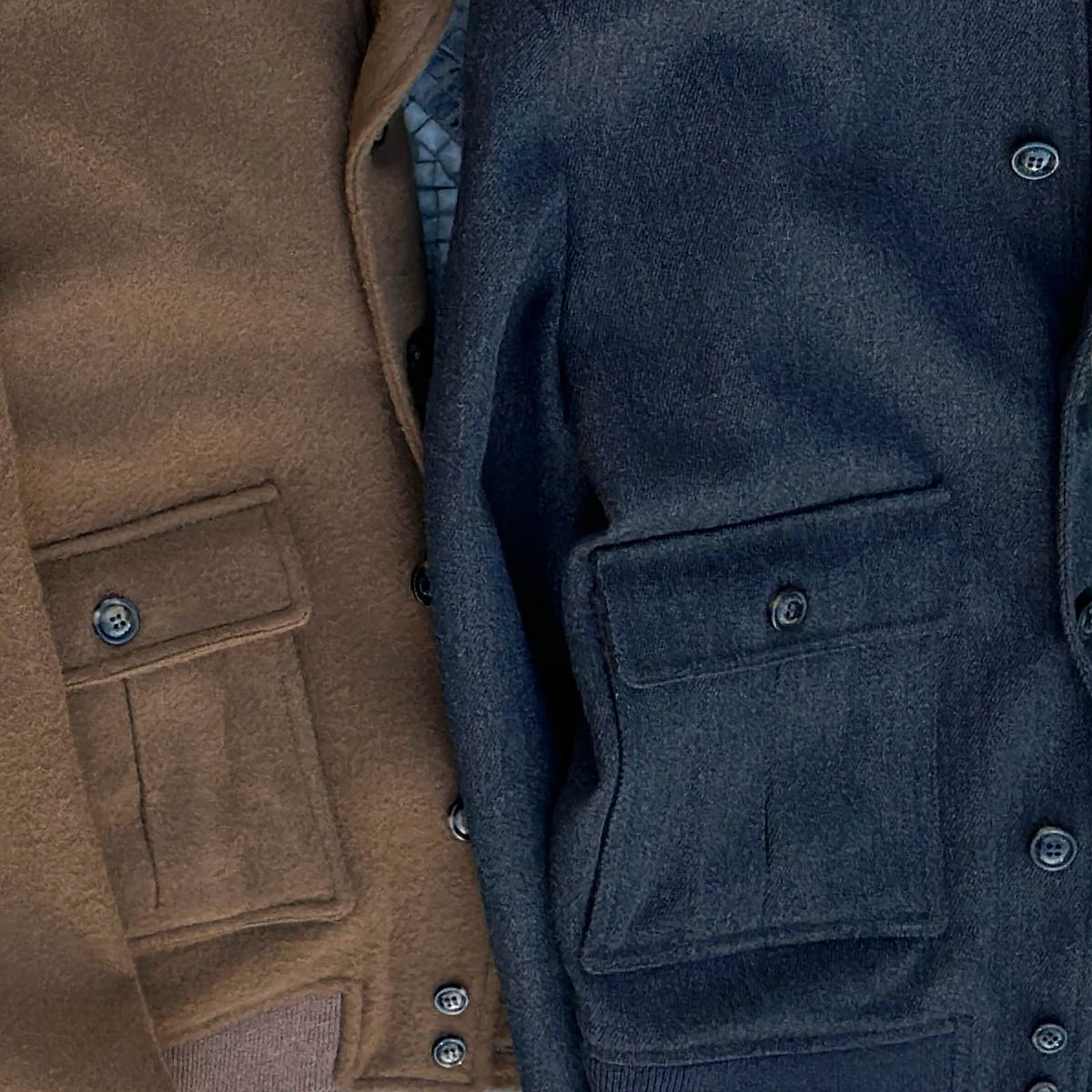 Close-up of the Valstar x Wools Boutique Uomo Co-Label Collection with Camel Hair Valstarino, Vittorio overcoat and Mud Grey Covert Wool Valstarino