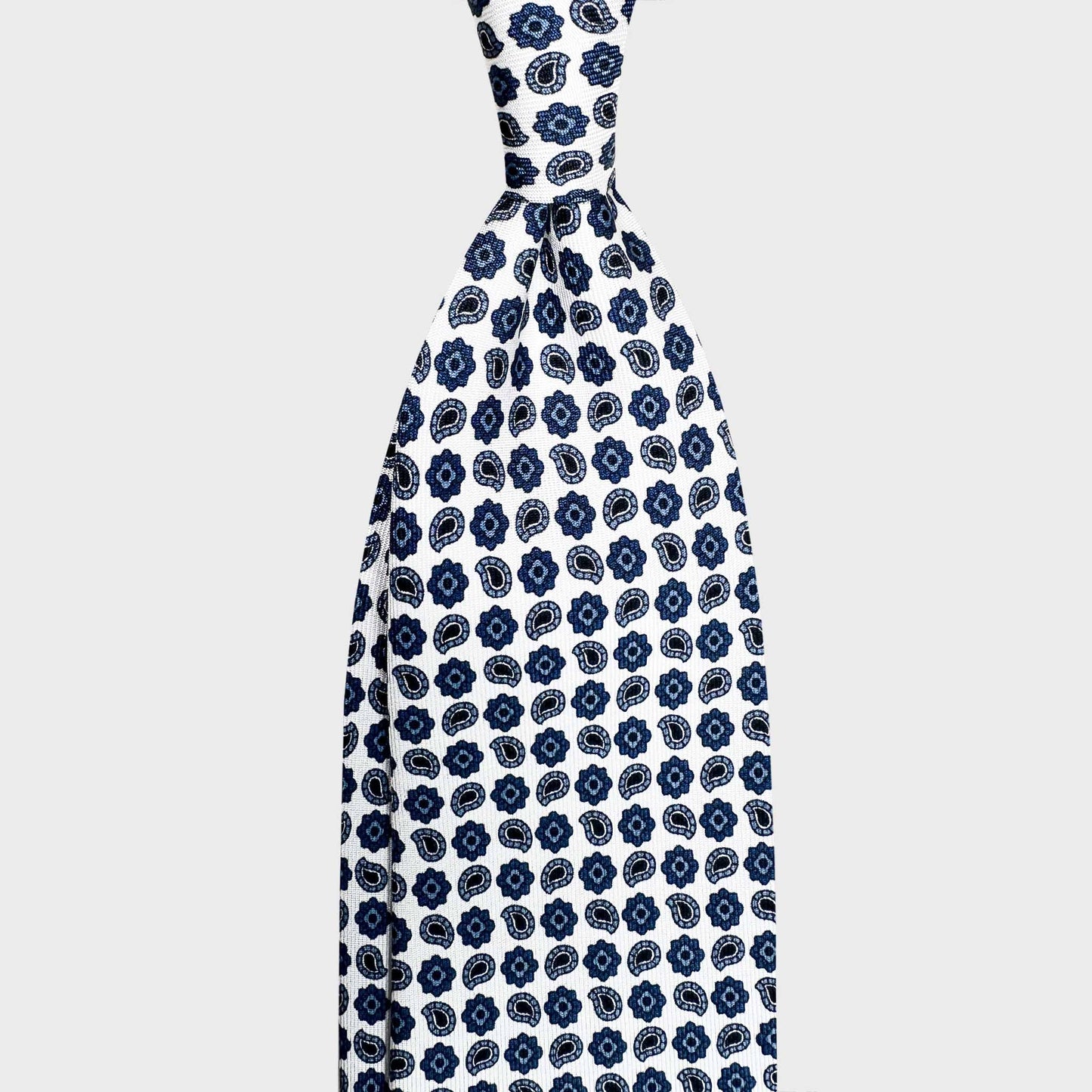 White Silk Tie Micro Paisley Diamonds Classic Elegant Pattern. Refined white silk tie with blue paisley and diamond micro pattern. Handmade in Italy for timeless classic menswear