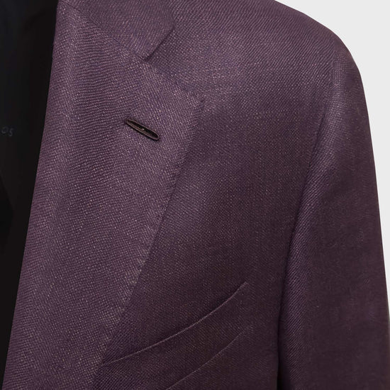 Elegant wine red purple jacket made with a soft linen and wool fabric by Reda1865. Tailored jacket made by Caruso exclusively for Wools Boutique Uomo, classic fit with a slightly structured profile, it is not short, unlined classic jacket, ideal for to wear from spring to autumn.