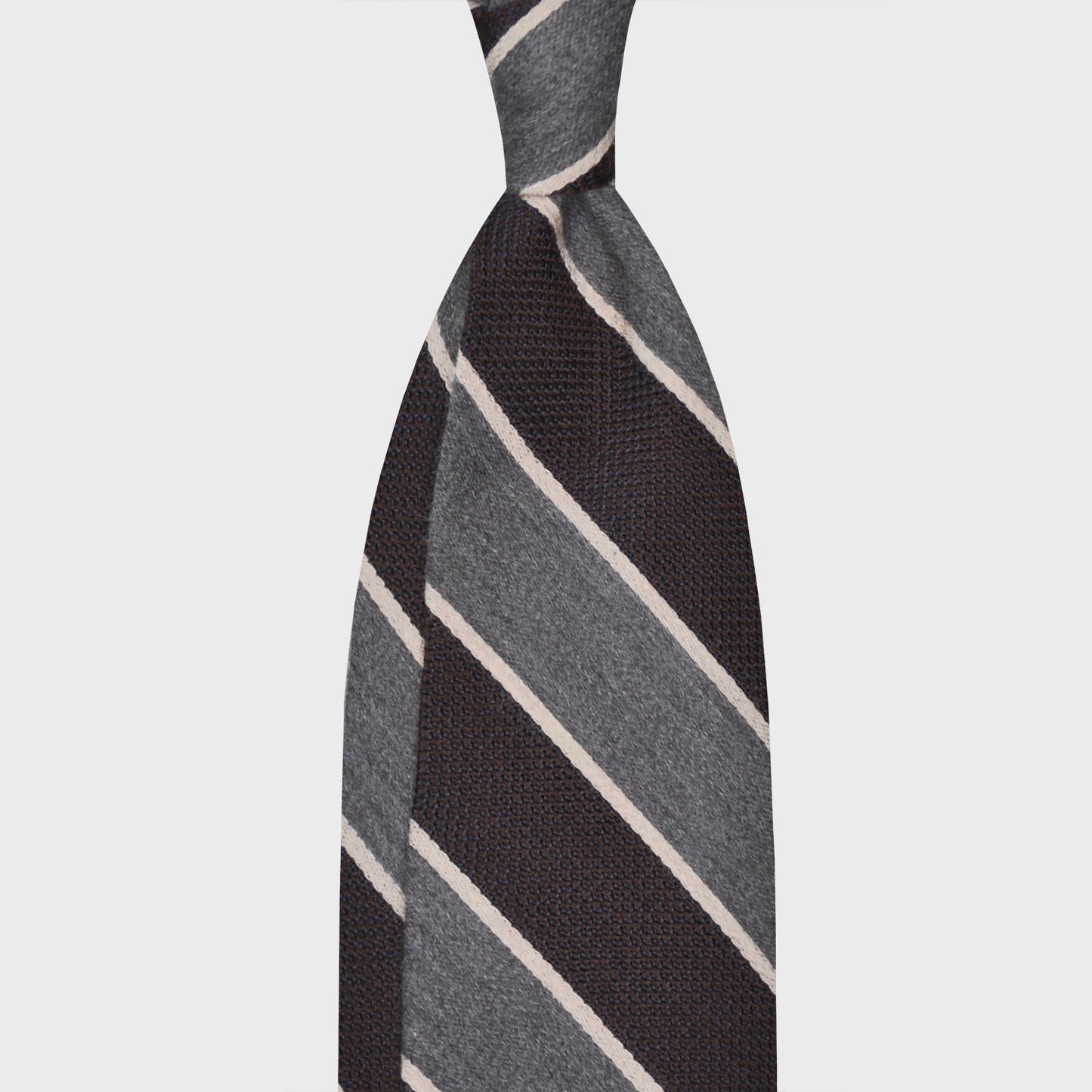 Silk Wool Regimental Tie Brown Grey Striped. Exclusive regimental silk and wool necktie made with grenadine silk and soft merino wool, hand rolled edge, unlined 3 folds, smoke grey wool fabric, coffee brown grenadine silk fabric, ivory white silk, F.Marino Napoli for Wools Boutique Uomo