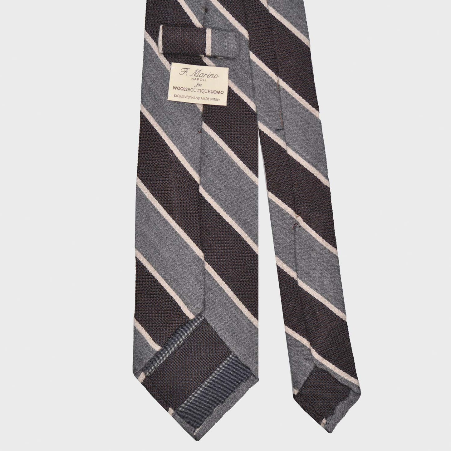 Load image into Gallery viewer, Silk Wool Regimental Tie Brown Grey Striped. Exclusive regimental silk and wool necktie made with grenadine silk and soft merino wool
