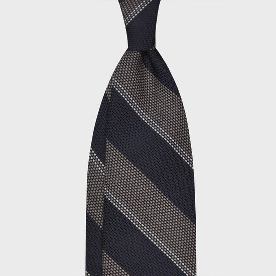 Silk Wool Regimental Tie Navy Grey Striped. Elegant regimental grenadine necktie made with soft silk and merino wool, hand rolled edge, unlined 3 folds, smoke grey and navy blue, F.Marino Napoli exclusive for Wools Boutique Uomo