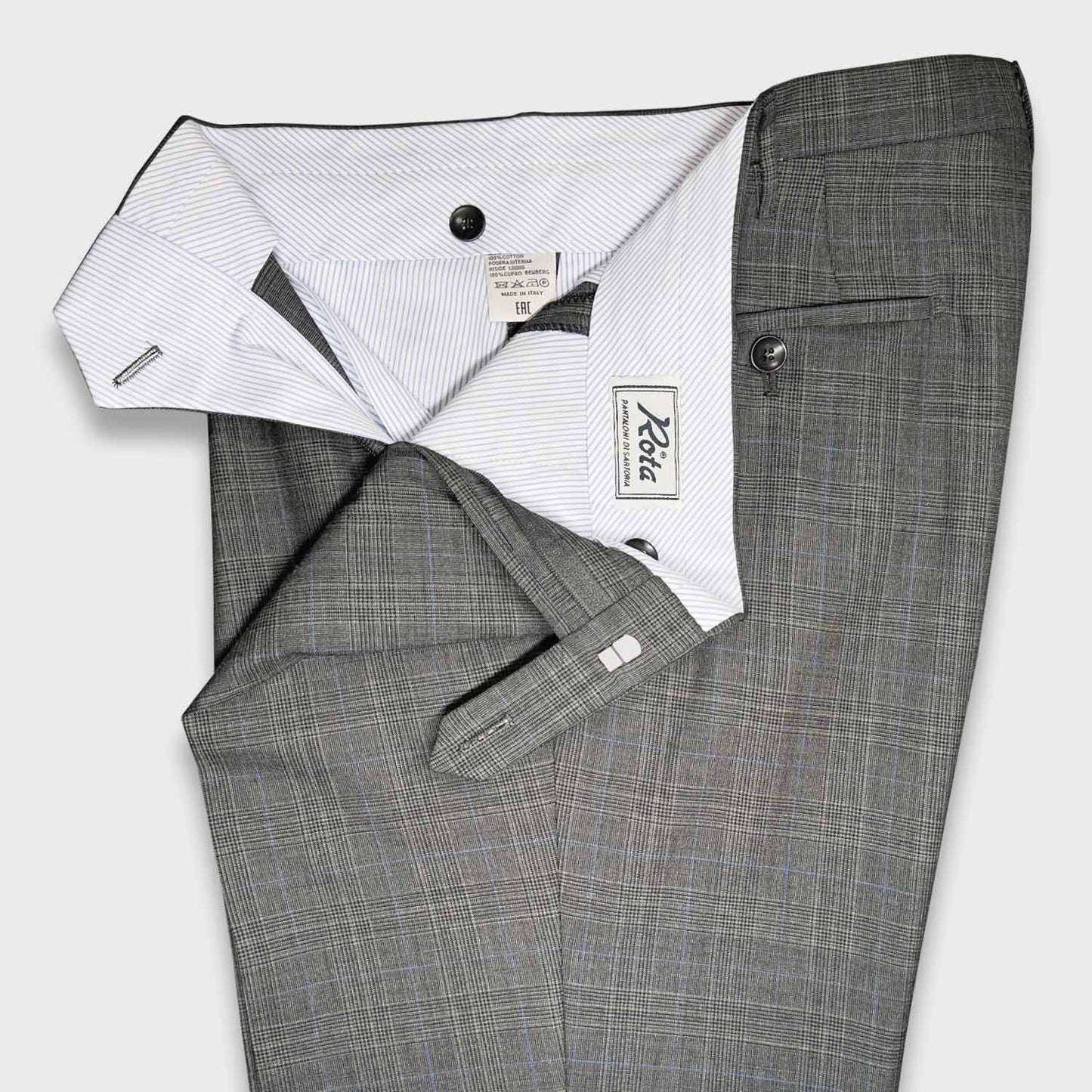 Smoke Grey Rota Prince of Wales Wool Trousers Double Pleats. Rota tailored wool trousers, made with extrafine virgin wool ideal for a to be used in spring summer, high rise classic fit, double pleats, Prince of Wales smoke grey color with light blue and sand beige thin windowpane pattern