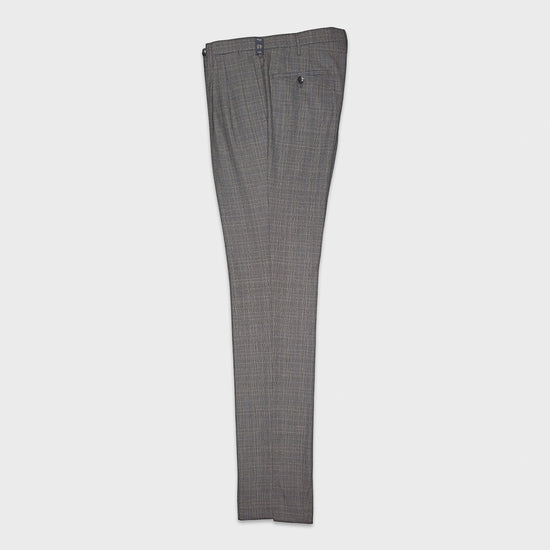 Rota tailored wool trousers, made with extrafine virgin wool ideal for a to be used in spring summer, high rise classic fit, double pleats, Prince of Wales smoke grey color with light blue and sand beige thin windowpane pattern