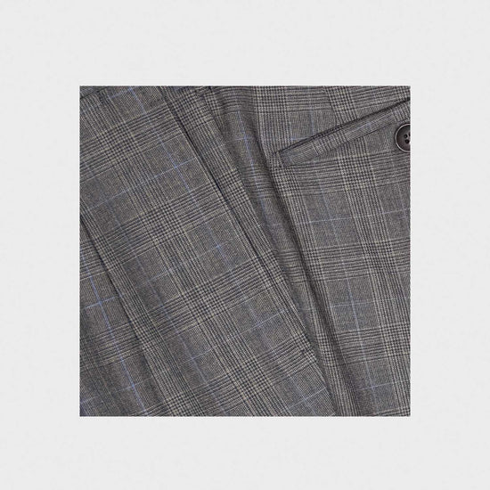 Rota tailored wool trousers, made with extrafine virgin wool ideal for a to be used in spring summer, high rise classic fit, double pleats, Prince of Wales smoke grey color with light blue and sand beige thin windowpane pattern