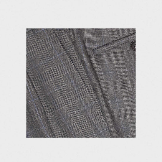 Load image into Gallery viewer, Rota tailored wool trousers, made with extrafine virgin wool ideal for a to be used in spring summer, high rise classic fit, double pleats, Prince of Wales smoke grey color with light blue and sand beige thin windowpane pattern
