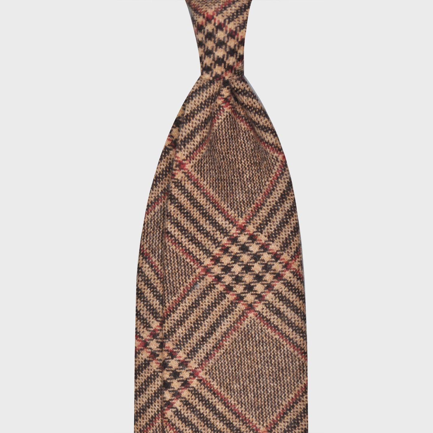 Camel Glen Check Wool Tie Unlined F.Marino Napoli. Glen check wool tie, f marino napoli for Wools Boutique Uomo, camel and red Prince of Wales pattern, handmade unlined tie 3 folds, ideal for outfits in the 3 seasons autumn to spring