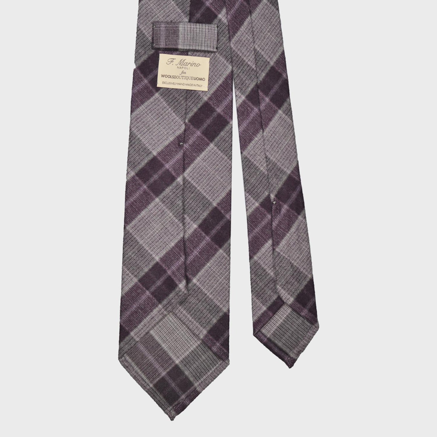 Purple Checks Light Gauze Wool Tie 3 Folds Unlined F.Marino