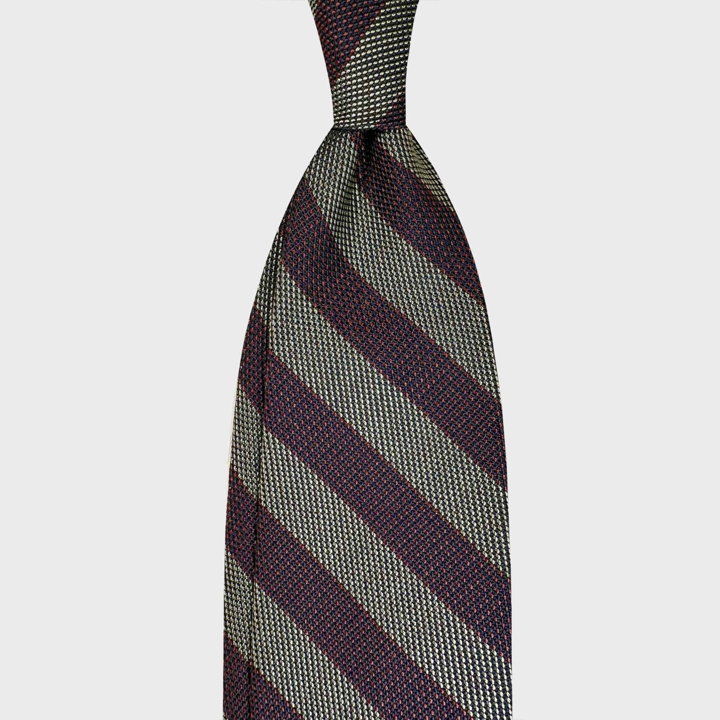 Handmade F.Marino grenadine silk regimental tie in sage green and coffee brown. Crafted in Naples exclusively for Wools Boutique Uomo Geneva.