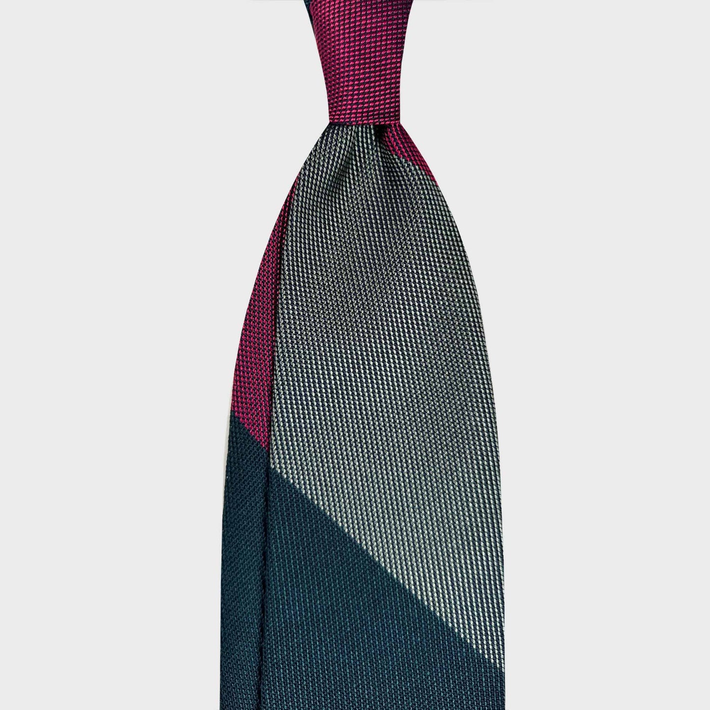 Handmade F.Marino panama silk tie with large block stripe pattern in magenta, forest green and grey. Crafted in Naples for Wools Boutique Uomo Geneva.