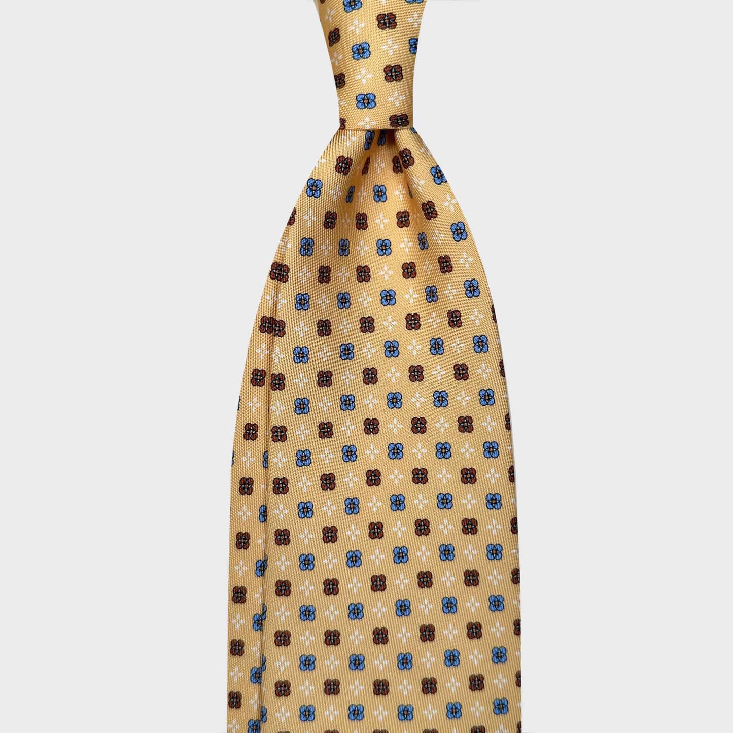 Buy Men's Yellow Silk Tie Classic Micro Fantasy Pattern. Hand made yellow tie, brown white light blue micro fantasy pattern, made in Italy sartorial ties f marino napoli for Wools Boutique Uomo Genève