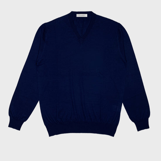 Cruciani Men's V-neck Sweater Cashmere & Silk Marino Blue-Wools Boutique Uomo