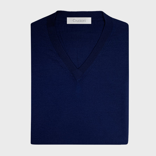 Cruciani Men's V-neck Sweater Cashmere & Silk Marino Blue-Wools Boutique Uomo