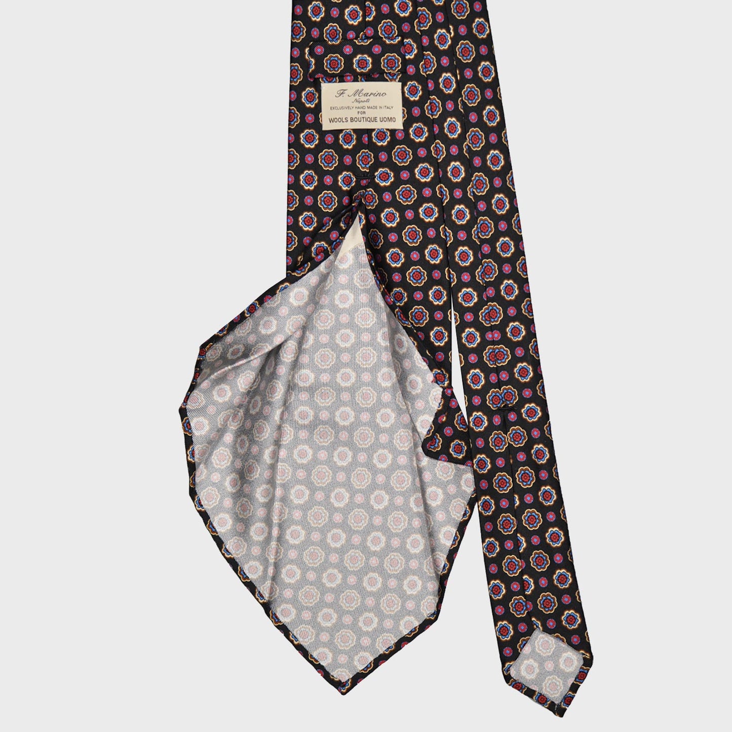 F.Marino Madder Silk Tie 7 Folds Daisy Black-Wools Boutique Uomo