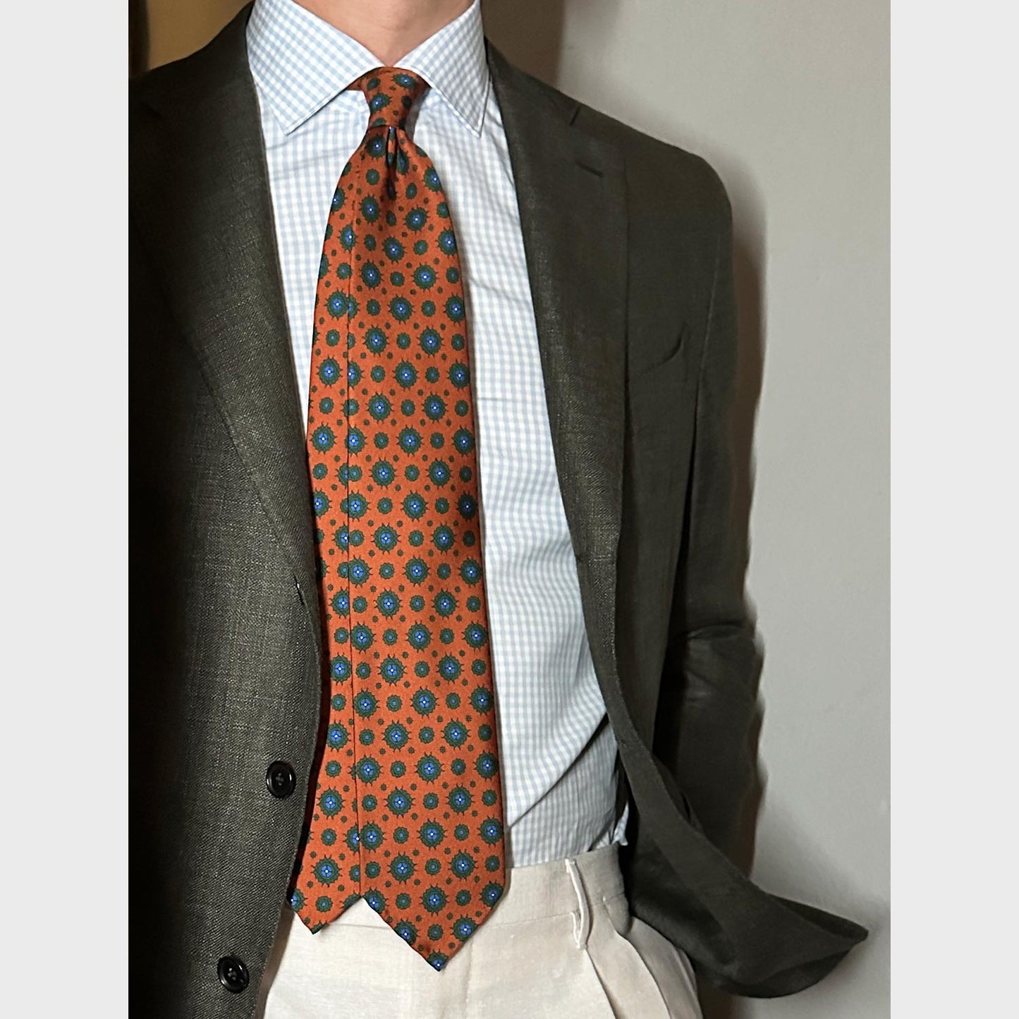 F.Marino Silk Tie 7 Folds Diamonds Tangerine Orange-Wools Boutique Uomo