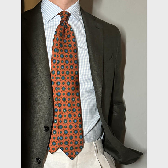 F.Marino Silk Tie 7 Folds Diamonds Tangerine Orange-Wools Boutique Uomo