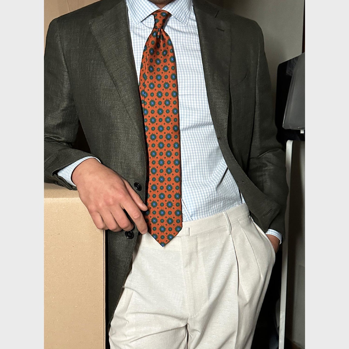 F.Marino Silk Tie 3 Folds Diamonds Tangerine Orange-Wools Boutique Uomo