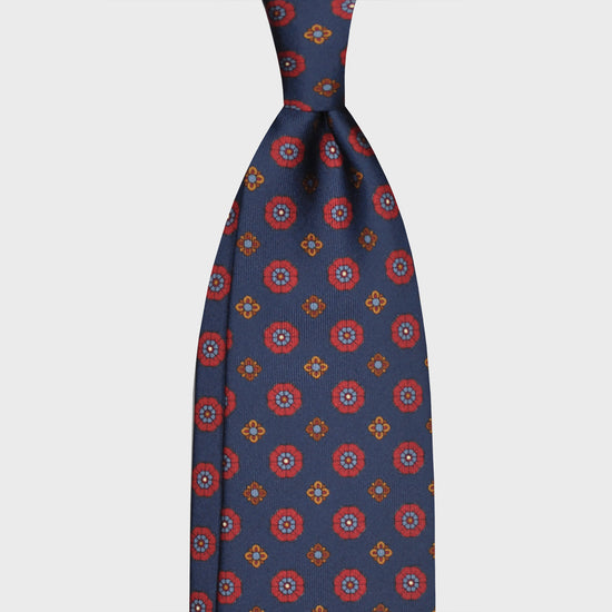 F.Marino Silk Tie 7 Folds Daisy Indigo Blue-Wools Boutique Uomo