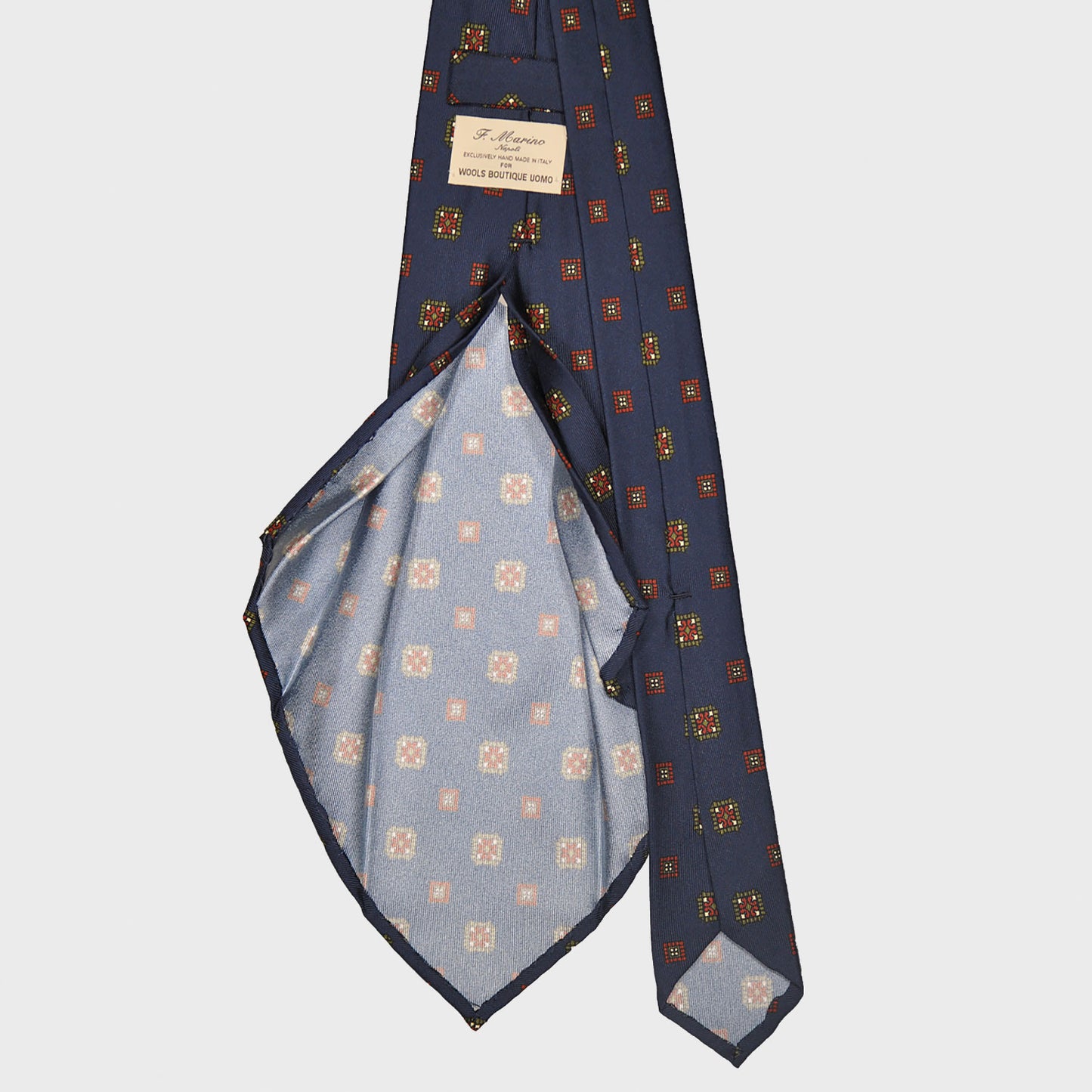 F.Marino Silk Tie 7 Folds Medallions Navy Blue-Wools Boutique Uomo