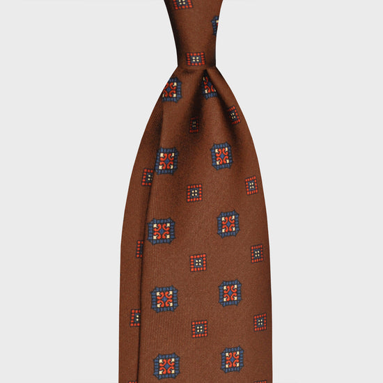 F.Marino Silk Tie 7 Folds Medallions Coffee Brown-Wools Boutique Uomo