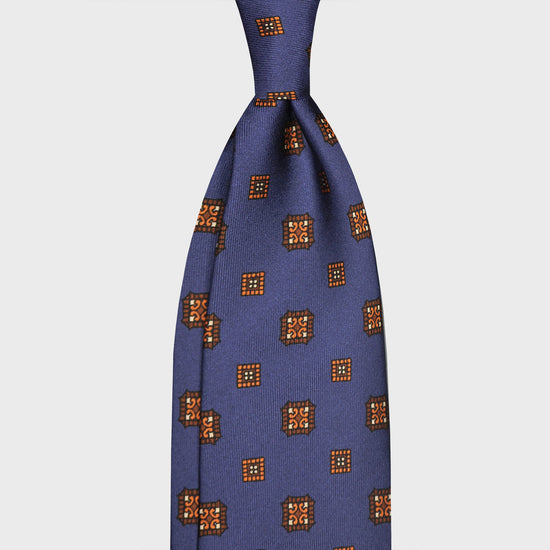F.Marino Silk Tie 7 Folds Medallions Pervinca Blue-Wools Boutique Uomo