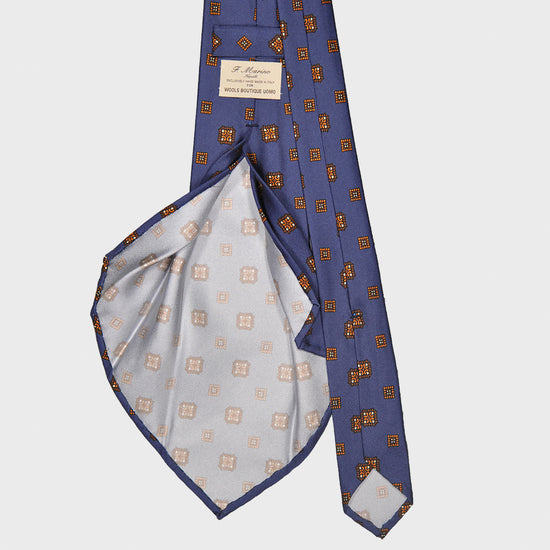 F.Marino Silk Tie 7 Folds Medallions Pervinca Blue-Wools Boutique Uomo
