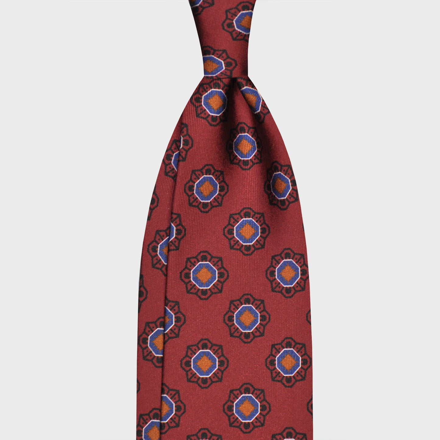 F.Marino Silk Tie 3 Folds Geometric Flower Brick Red-Wools Boutique Uomo