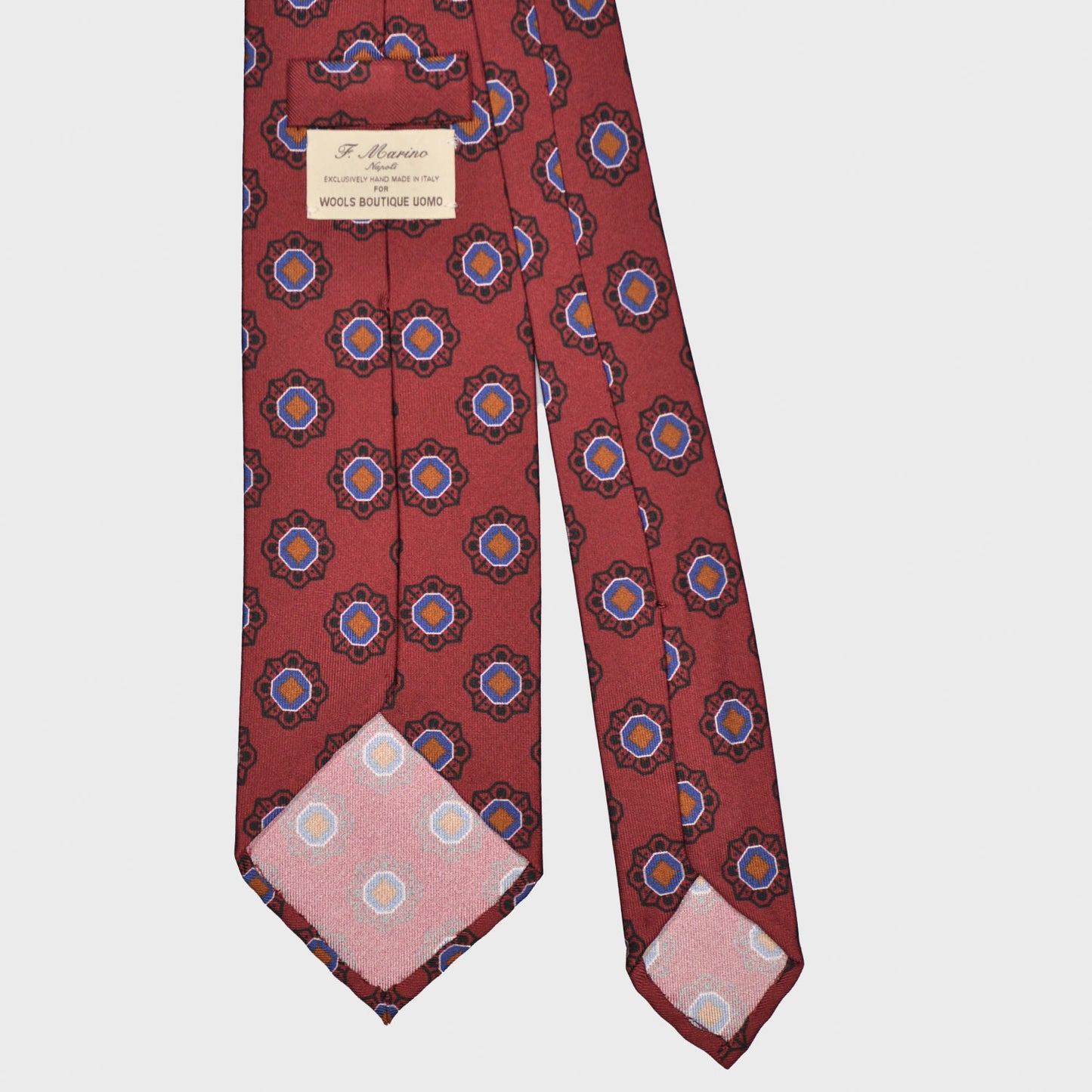 F.Marino Silk Tie 3 Folds Geometric Flower Brick Red-Wools Boutique Uomo