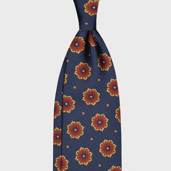 F.Marino Silk Tie 3 Folds Medallions Denim Blue-Wools Boutique Uomo