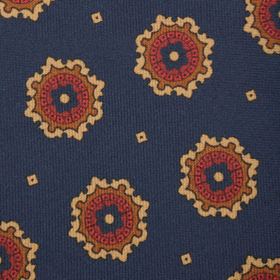 F.Marino Silk Tie 3 Folds Medallions Denim Blue-Wools Boutique Uomo