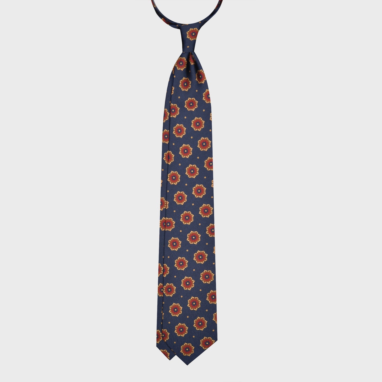 F.Marino Silk Tie 3 Folds Medallions Denim Blue-Wools Boutique Uomo