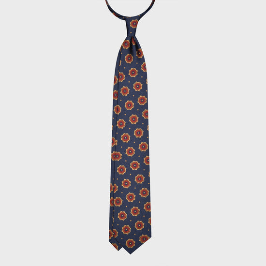 F.Marino Silk Tie 3 Folds Medallions Denim Blue-Wools Boutique Uomo